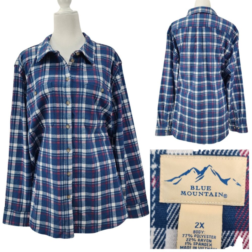 New Blue Mountain Womens 2X Blue Purple Plaid Cozy Poly Rayon Knit Flannel Shirt